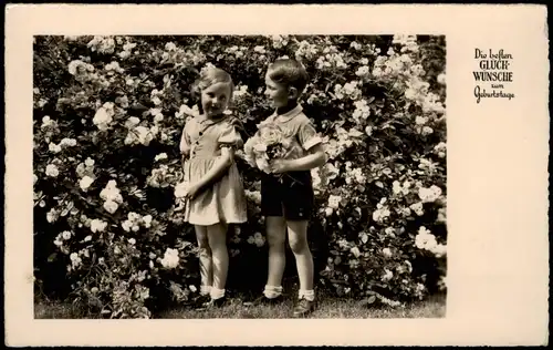 Glückwunsch Geburtstag Birthday Junge u. Mädchen in Rosenhecke 1939