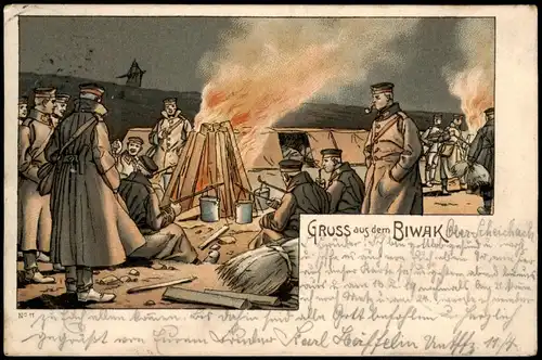 Ansichtskarte  Militaria - Künstlerlitho - Lagerfeuer - aus dem Biwak 1902