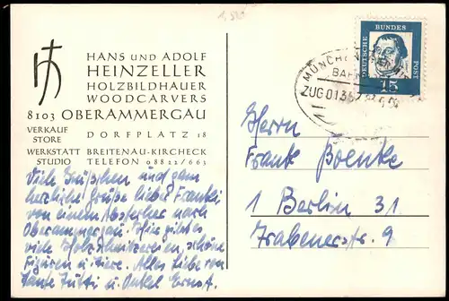 Ansichtskarte Oberammergau Geschäft Heinzeller Holzbildhauer 1964  gel. Bahnpost