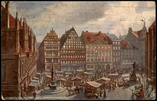 Ansichtskarte Hannover Marktplatz, Markttreiben - Künstlerkarte 1909