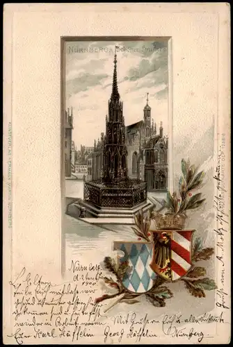 Ansichtskarte Nürnberg Schöner-Brunnen, Heraldik 1900 Goldrand/Prägekarte