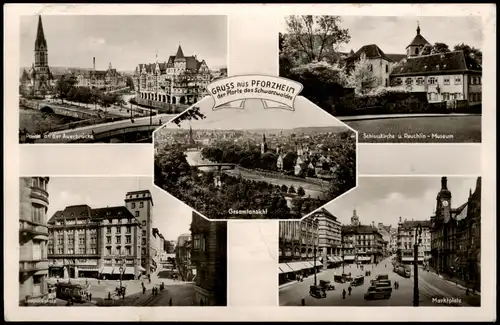 Ansichtskarte Pforzheim Brücke, Markt, Leopoldplatz 1960