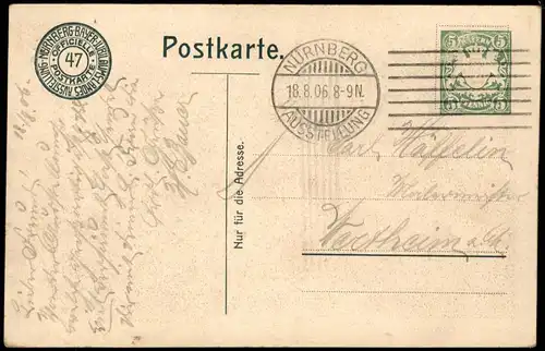 Nürnberg Bayerische  Ausstellung Spessarthaus 1906 gel. Sonderstempel