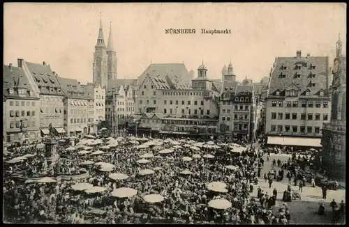 Ansichtskarte Nürnberg Hauptmarkt Trubel an Ständen, Panorama Stadt 1910