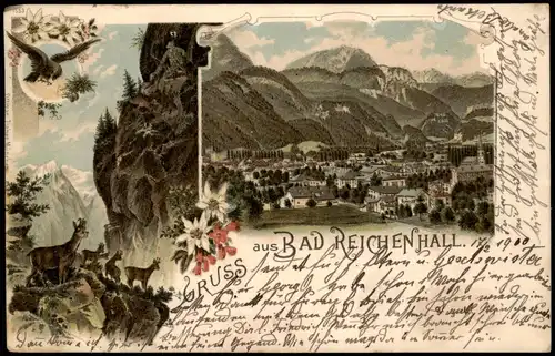 Ansichtskarte Litho AK Bad Reichenhall 3 Bild: Schlucht, Stadt, Adler 1900