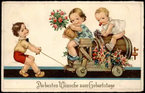 Ansichtskarte  Glückwunsch Geburtstag Birthday Kinder ziehen Bierfass 1934
