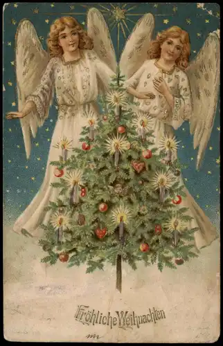 Motiv: Engel vor Weihnachtsbaum Weihnachten - Christmas 1912 Goldrand/Prägekarte