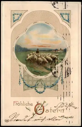 Glückwunsch Ostern / Easter , Schäfer - Herde 1913 Prägekarte