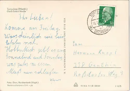 Ansichtskarte Torgelow Clara-Zetkin-Straße mit HO-Kaufhaus, DDR AK 1965/1964