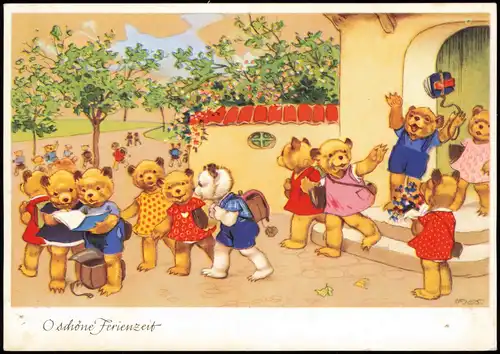 Teddybären Tiere  Menschen (Künstlerkarten) Andromorphische Karten Ferien 1973