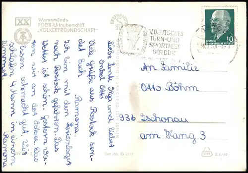 Ansichtskarte Warnemünde-Rostock Urlauberschiff MS Völkerfreundschaft 1969