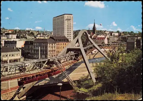 Ansichtskarte Wuppertal Schwebebahn mit Glanzstoff Hochhaus 1959