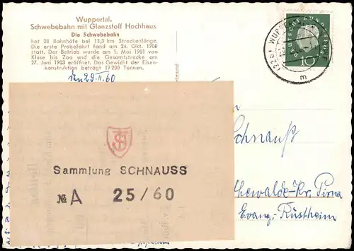 Ansichtskarte Wuppertal Schwebebahn mit Glanzstoff Hochhaus 1959