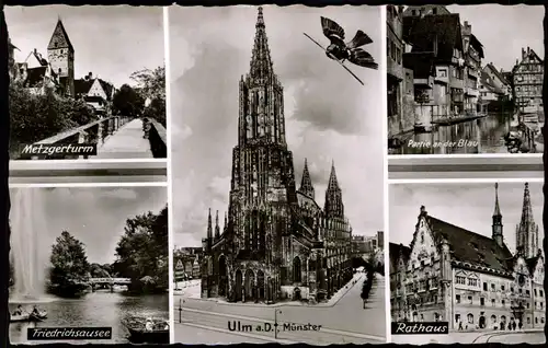 Ulm a. d. Donau Stadtteilansichten 1956  gel. Landpoststempel ü. Günzburg