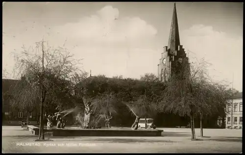 Postcard Halmstad Kyrkan och Milles Fontaine 1936