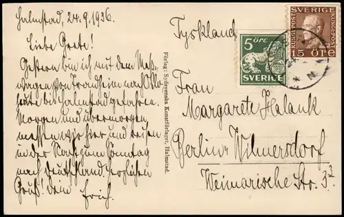 Postcard Halmstad Kyrkan och Milles Fontaine 1936