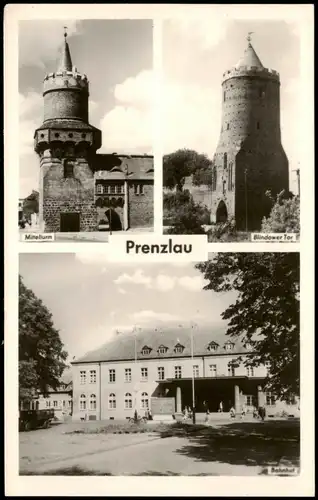Prenzlau DDR Mehrbild-AK mit Miltelturm Blindower Tor Bahnhof 1963/1960
