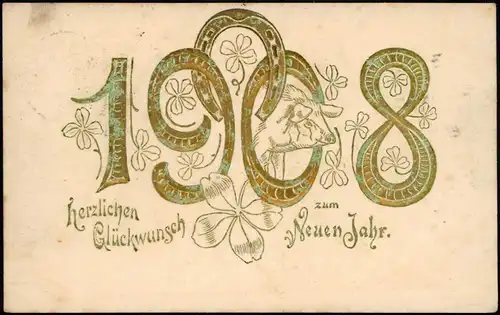 Neujahr/Sylvester, Prägekarte Große Goldzahlen Hufeisen Schwein 1907