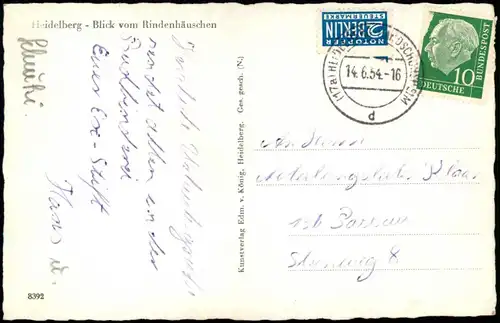 Ansichtskarte Heidelberg Blick vom Rindenhäuschen 1954