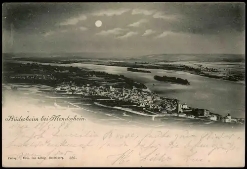 Rüdesheim (Rhein) Stadt, Mondscheinlitho 1898 gel. Ankunftsstempel Seesen