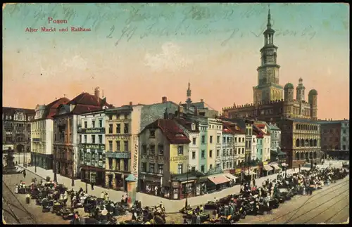 Postcard Posen Poznań Alter Markt 1915  gel. Feldpost Stempel, div. Stempel