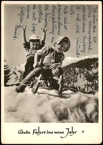Glückwunsch - Neujahr/Sylvester Junge Mädchen Kinder Schlittenfahrt 1949