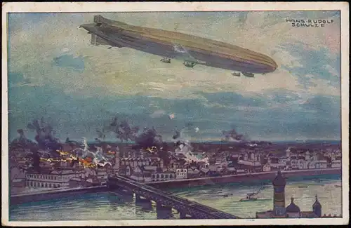 Praga-Warschau  Warszawa Zeppelin, Künstlerkarte WK1 1915  gel. Feldpoststempel