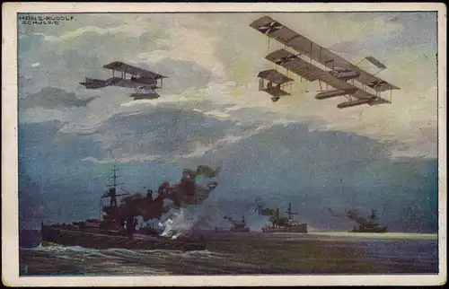 Ansichtskarte  Wasserflugzeug über englischer Flotte 1915