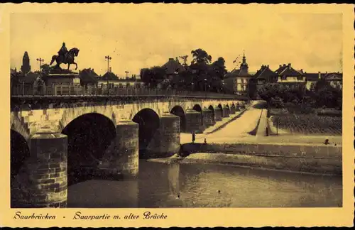 Ansichtskarte Saarbrücken Saarpartie m. alter Brücke 1938