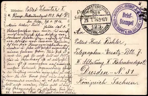 Ansichtskarte  Militaria WK1 Schützengrabenleben 1916  gel. div. Feldpoststempel