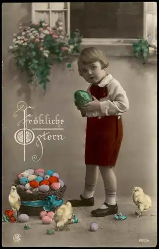 Glückwunsch Ostern Easter Kind mit Küken u. Ostereier Nest 1929
