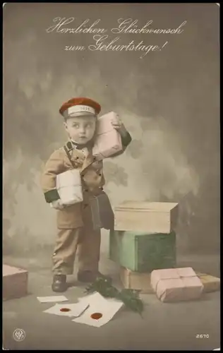 Ansichtskarte  Glückwunsch Geburtstag Birthday: Kind Junge als Postbote 1910