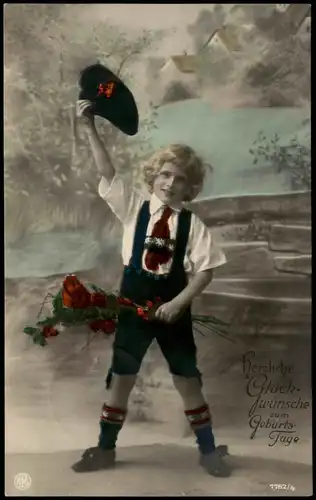 Ansichtskarte  Glückwunsch Geburtstag Birthday Kind Junge mit Blumen 1925