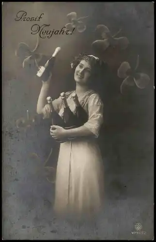 Glückwunsch Neujahr/Sylvester Frau mit Sektflaschen, Glücksklee 1913