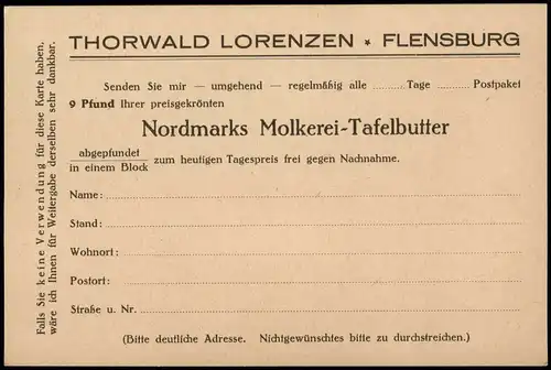 Ansichtskarte Flensburg Thorwald Lorenzen Werbe Drcucksache Molkerei 1914