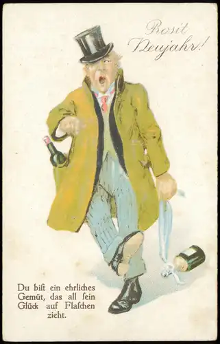 Glückwunsch - Neujahr/Sylvester, Mann Sektflasche Zylinder - Künstlerkarte 1924