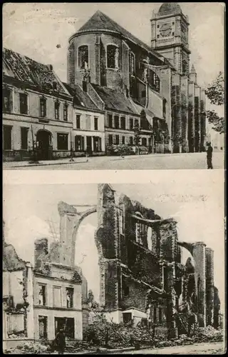 2 Bild vor und Nach der Zerstörung WK1 Frankreich 1918  gel. Feldpoststempel