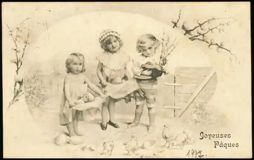 Ansichtskarte  Joyeuses Pâques, Gruss zu Ostern, Kinder Künstlerkarte 1910