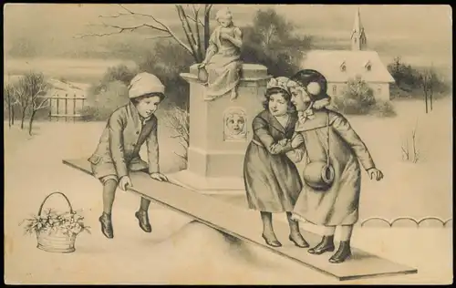 Künstlerkarte Kinder auf einer Wippe Schaukel 1916  gel Stempel RITTERSHOFEN