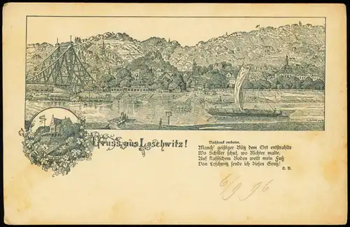 Loschwitz-Dresden Gruss aus AK Panorama-Ansicht Elbe & Brücke 1900