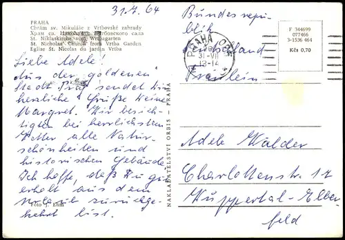 Prag Praha Chrám sv. Mikuláše ž Vrtbovské zahrady St. Nicholas Church  1964