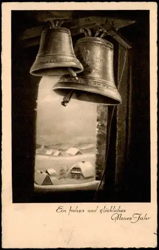Glückwunsch Neujahr/Sylvester Grusskarte mit Kirchen-Glocken 1930