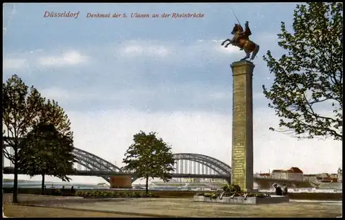 Ansichtskarte Düsseldorf Denkmal der 5. Ulanen an der Rheinbrücke 1922