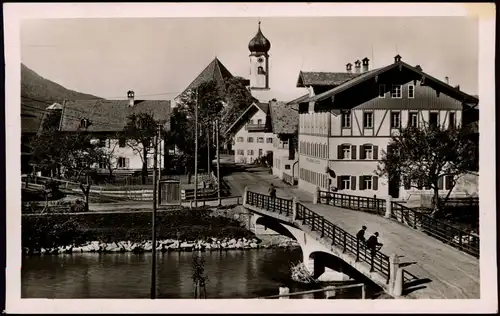 Ansichtskarte Eschenlohe-Ohlstadt Ortsansicht, Fluss-Partie mit Brücke 1979
