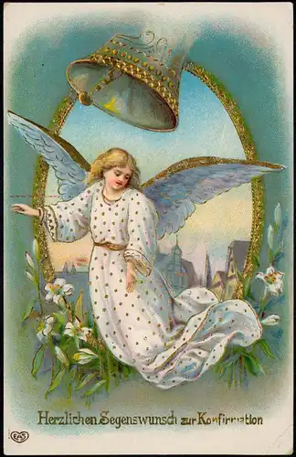 Glückwunsch - Konfirmation Motiv: Engel Glocke - Prägekarte 1912 Goldrand