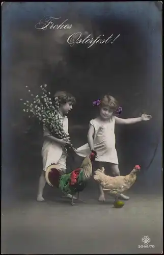 Ansichtskarte  Glückwunsch Ostern Easter Kinder mit Hühnern 1910