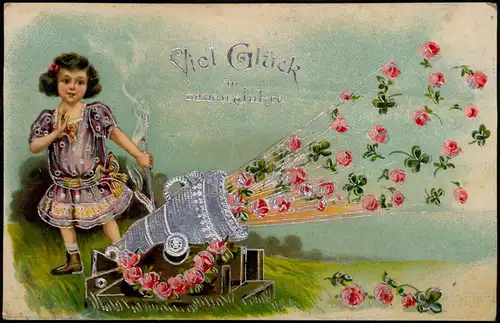 Neujahr/Sylvester Prägekarte Mädchen Kanone Glücksklee 1909 Silberrand