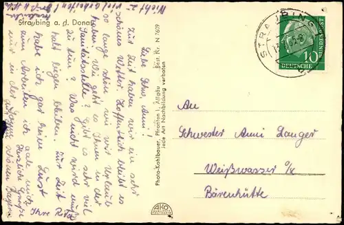 Straubing Panorama-Ansicht Partie Donau 1955   gelaufen mit Stempel STRAUBING