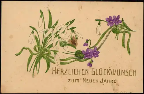 Neujahr/Sylvester Schneeglöckchen und Feilchen 1915 Prägekarte