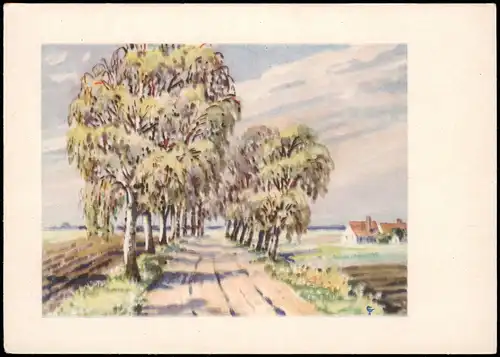 Ansichtskarte  Künstlerkarte Stimmungsbild Landstraße Baum Allee 1950